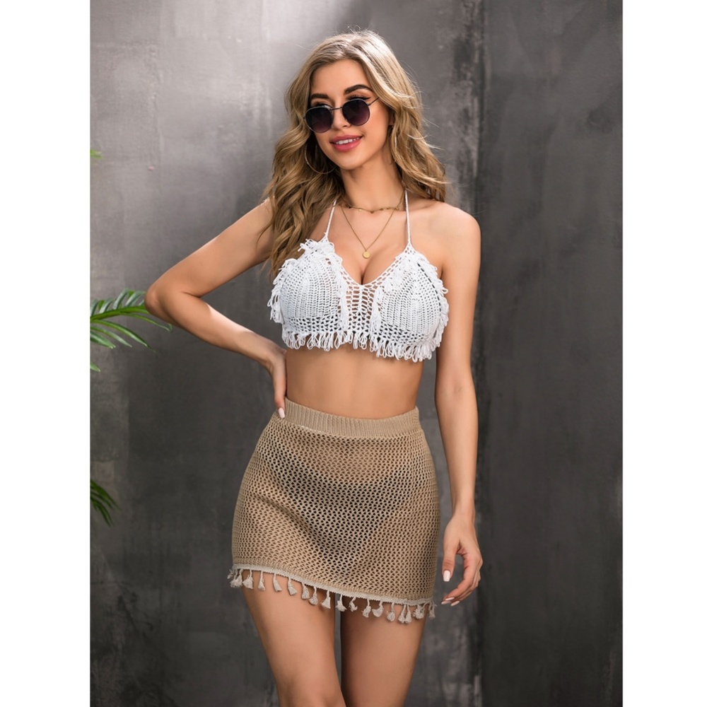 Tassel Detail Tan Knit Cover Up Mini Skirt - Picture 5 of 13